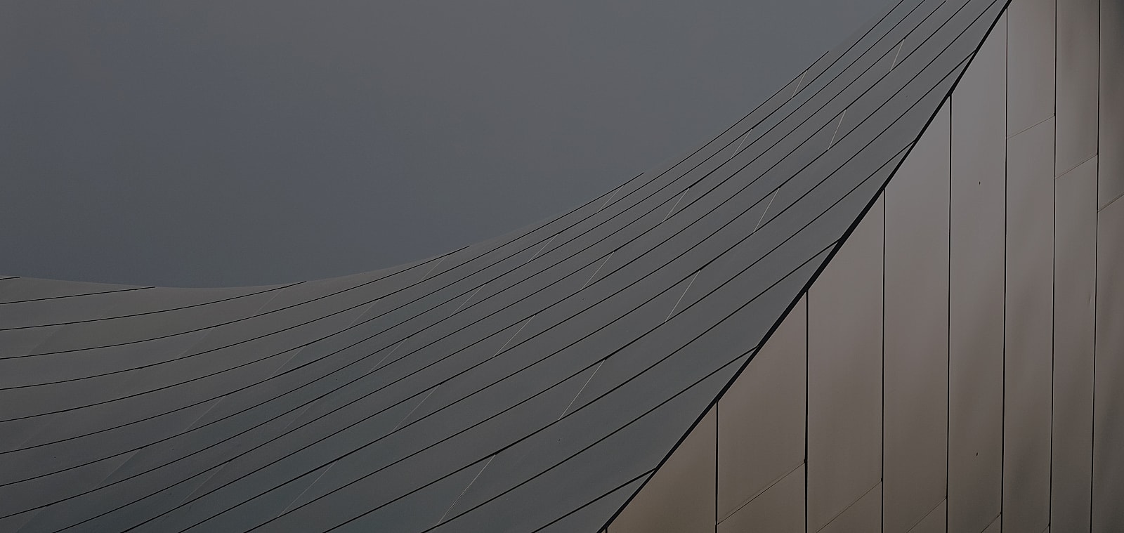 Curved metal panels against a gray sky.